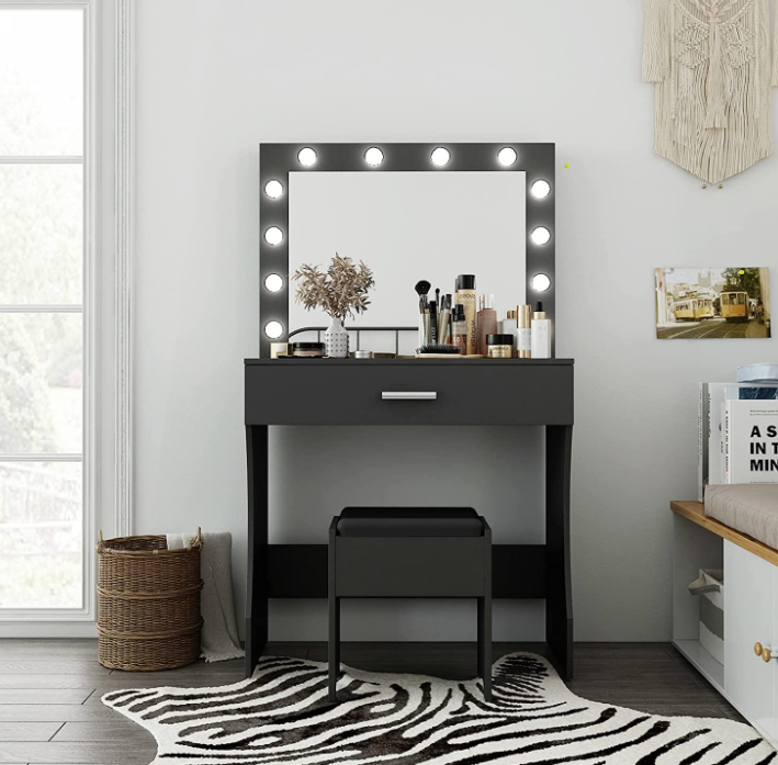 Vanity Table Set with Lighted Mirror - Makeup Vanity with Lights, Adjustable Brightness, Large Drawer Sturdy Wood Vanity, White