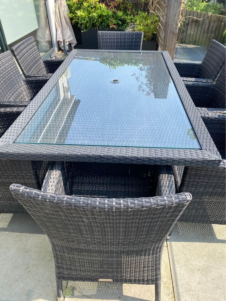 Garden Dining Table + 8 Chairs Rattan Garden Chairs and Rectangular Dining Table Set