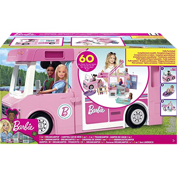 ​Barbie 3-in-1 DreamCamper Vehicle, approx. 3-ft, Transforming Camper with Pool, Truck, Boat and 50 Accessories, Makes a Great Gift for 3 to 7 Year Olds