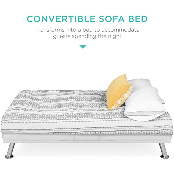 Best Choice Products Faux Leather Upholstered Modern Convertible Folding Futon Sofa Bed for Compact Living Space, Apartment, Dorm, Bonus Room w/Removable Armrests, Metal Legs, 2 Cupholders - Black