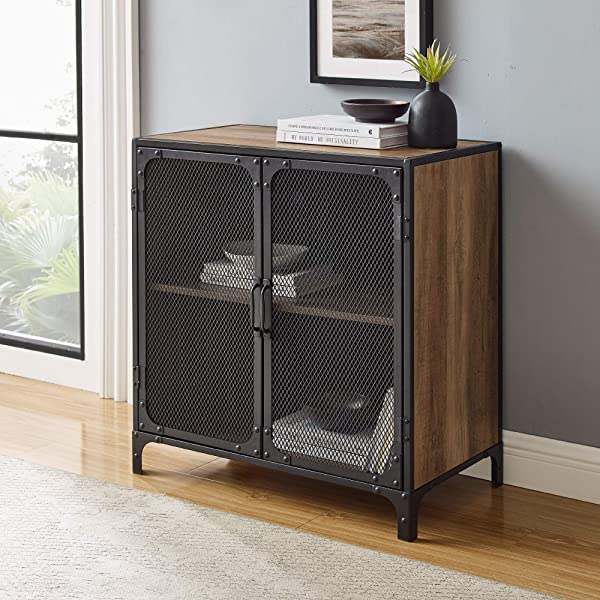 Walker Edison Malcomb Urban Industrial Metal Mesh Double Door Rolling Bar Cabinet, 33 Inch, Rustic Oak Rustic Oak 33 Inch