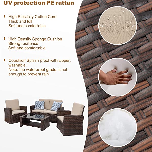 Shintenchi 4-Piece Outdoor Patio Furniture Set, Wicker Rattan Sectional Sofa Couch with Glass Coffee Table | Black