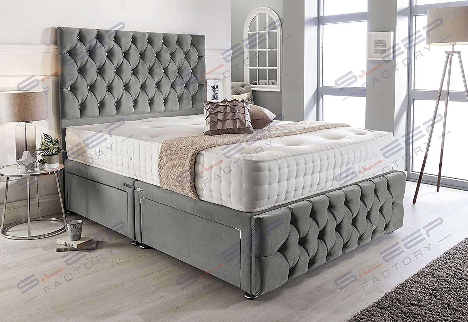 【Furniture】Pebble Plush Velvet Chesterfield 2 Drawer Divan Bed Set, Mattress & Headboard