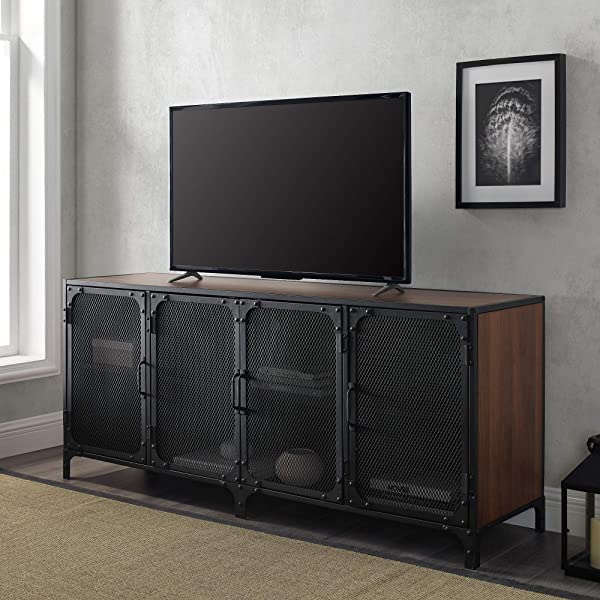 Walker Edison Malcomb Urban Industrial Metal Mesh Double Door Rolling Bar Cabinet, 33 Inch, Rustic Oak Rustic Oak 33 Inch