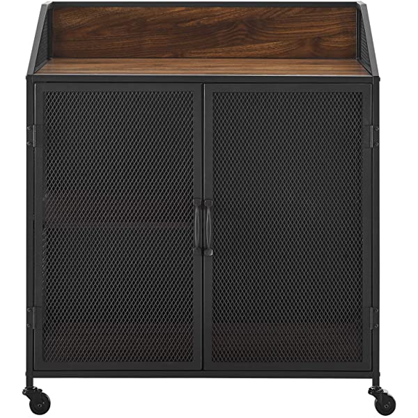 Walker Edison Malcomb Urban Industrial Metal Mesh Double Door Rolling Bar Cabinet, 33 Inch, Rustic Oak Rustic Oak 33 Inch