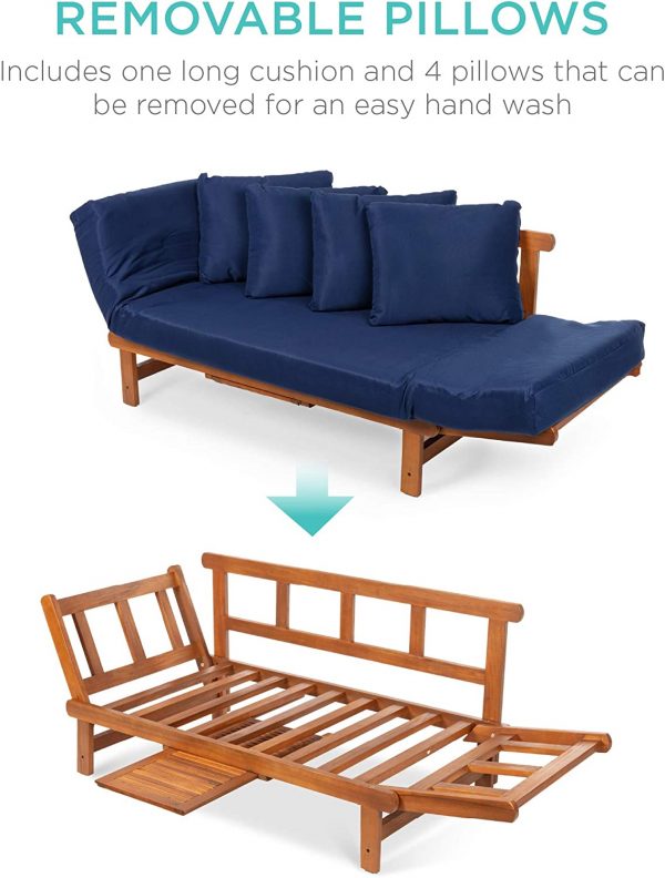 Best Choice Products Outdoor Convertible Acacia Wood Futon Sofa Furniture for Patio, Balcony, Poolside, Backyard w/Pullout Tray, Removable Weather-Resistant Cushion & 4 Pillows – Navy Blue
