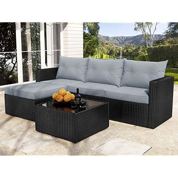 Allewie Dark Grey Patio Conversation Set, 3 Pieces PE Wicker Rattan Outdoor Furniture Set, Lounge Sofa and Loveseat with Cushions, Tempered Glass Coffee Table (Black & Dark Grey) Dark Grey & Black
