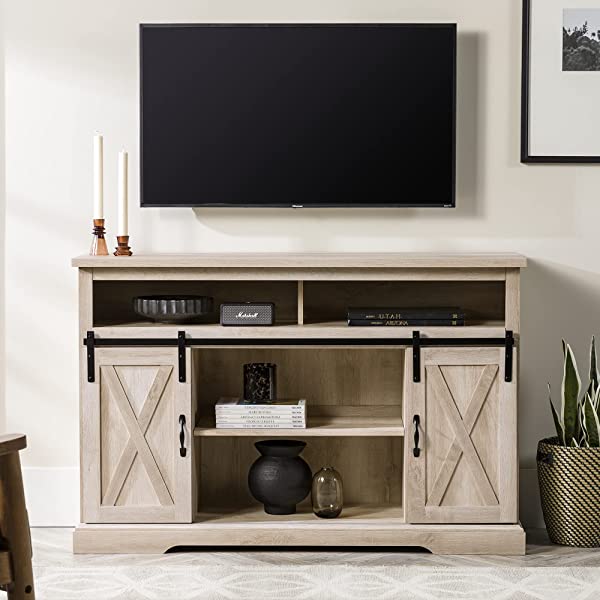 Walker Edison Richmond modern farmhouse sliding barn door TV stand for up to 52 inches, white and rustic oak white without fireplace 52 inches TV
