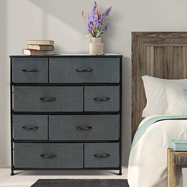 Sorbus Dresser with 8 Drawers - Furniture Storage Chest Tower Unit for Bedroom, Hallway, Closet, Office Organization - Steel Frame, Wood Top, Easy Pull Fabric Bins (Black)