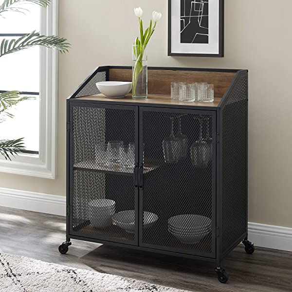 Walker Edison Malcomb Urban Industrial Metal Mesh Double Door Rolling Bar Cabinet, 33 Inch, Rustic Oak Rustic Oak 33 Inch