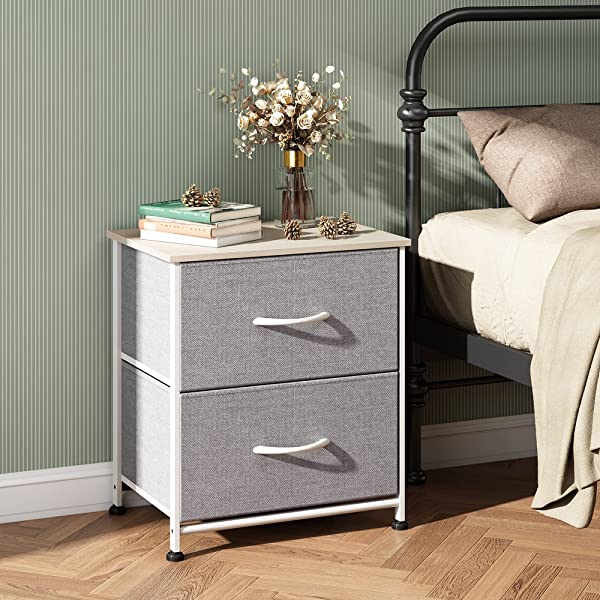 WLIVE Nightstand with 2 Fabric Drawers, Bedside Furniture & End Table Dresser for Bedroom, Living Room, Steel Frame, Wood Top, Easy Pull Handle Charcoal Gray