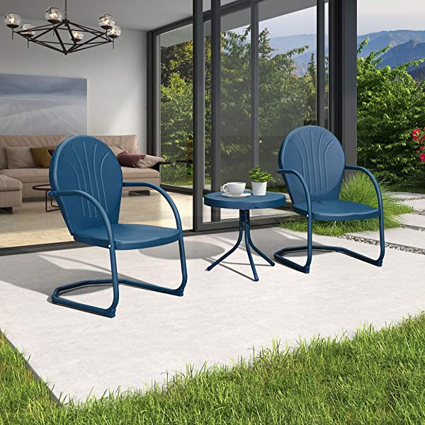 PURPLE LEAF Outdoor Patio Bistro Set, 3 Pieces Retro Porch Furniture Set 2 C-Spring Metal Outdoor Chairs and Round Side Table, Blue