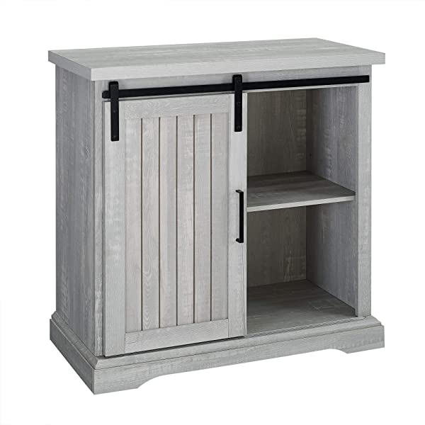 Walker Edison Beaumont Modern Farmhouse Sliding Slat Door Storage Cabinet, 32 Inch, White Oak White Oak Groove Door Cabinet