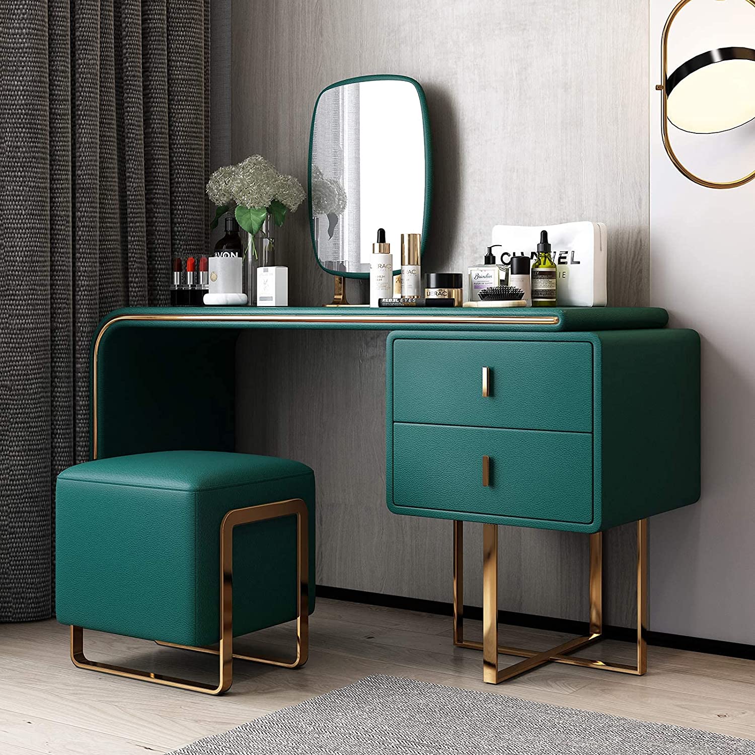 FUKAYI Modern Vanity Set with Lighted Mirror, Makeup Dressing Table with 2 Large Drawer and PU Stool, Dresser Table for Women