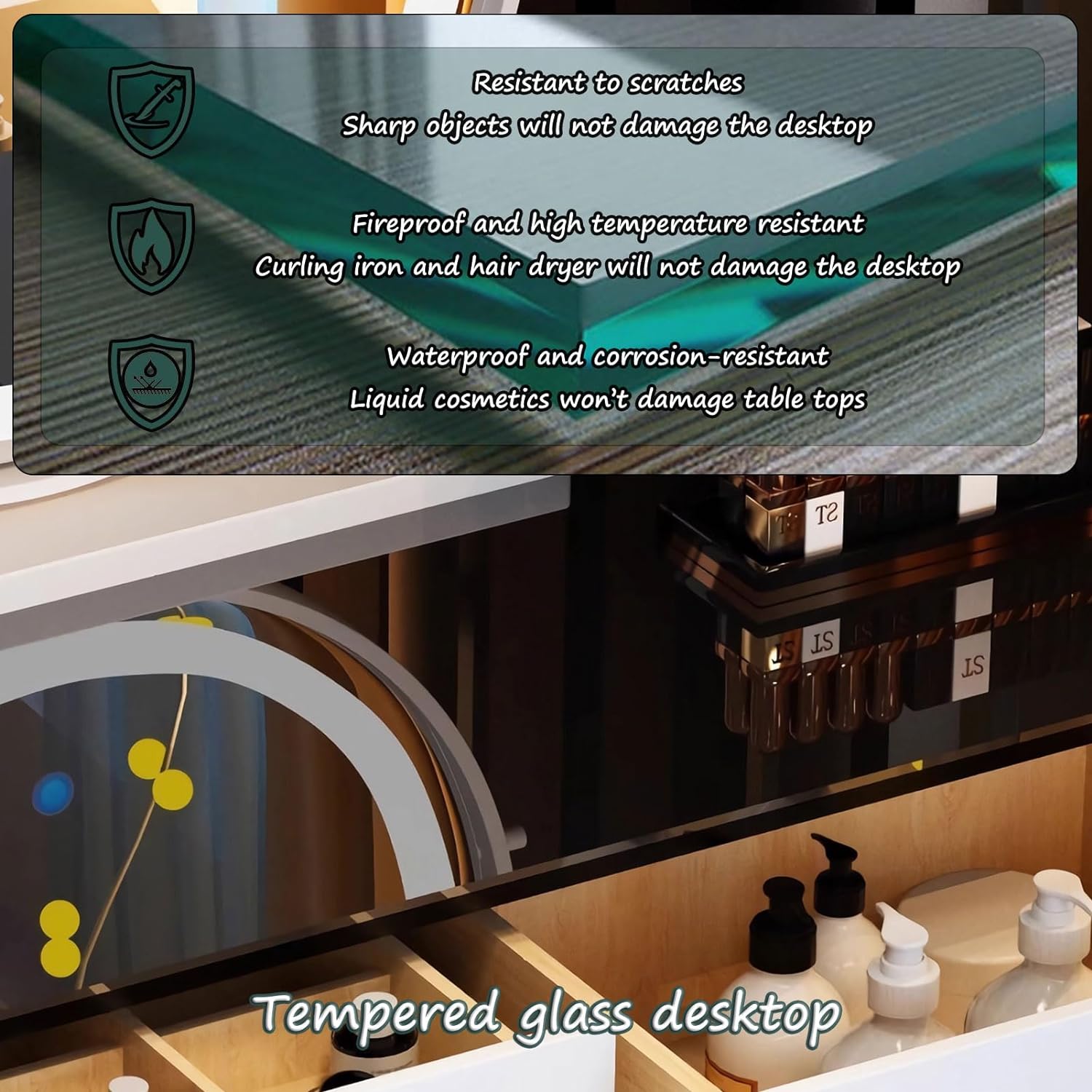 GOOCOO Dressing Table - Makeup Vanity Desk with Wireless Charging Station and Bluetooth Speaker - Vanity Set Contains Makeup Mirror, 5 Drawers and Makeup Stool for Bedroom