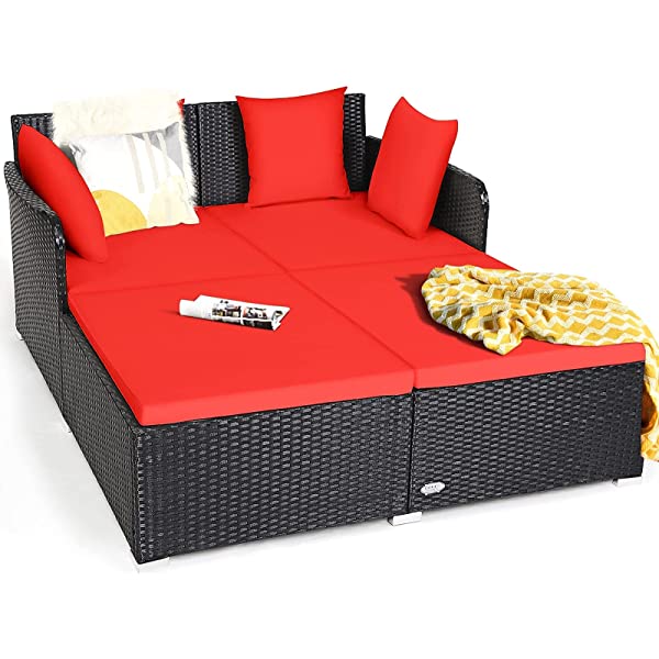 Salches Outdoor Rattan Daybed, Patio Loveseat Sofa Set w/Comfortable Cushions, Extra Pillows & Metal Foot, Sunbed Wicker Furniture for Yard/Poolside/Living Room/Garden/Porch (Red)