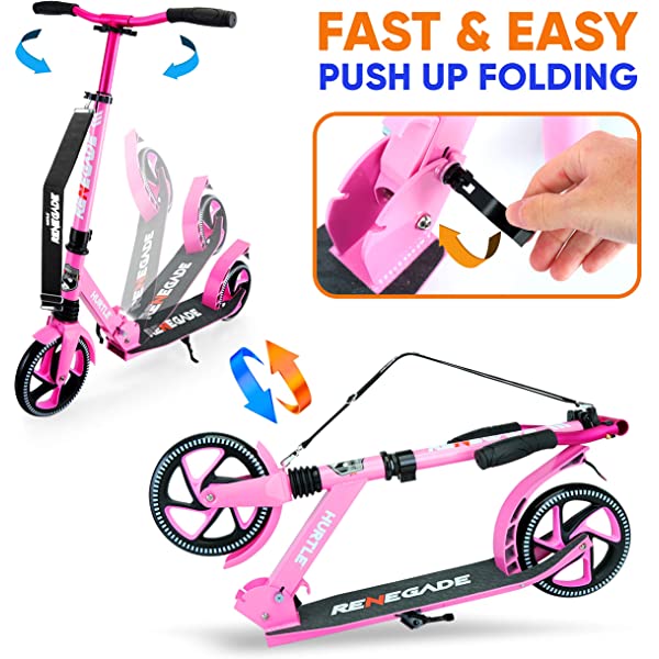 Hurtle Scooter – Scooter for Teenager – Kick Scooter – 2 Wheel Scooter with Adjustable T-Bar Handlebar – Folding Adult Kick Scooter with Alloy Anti-Slip Deck Pink