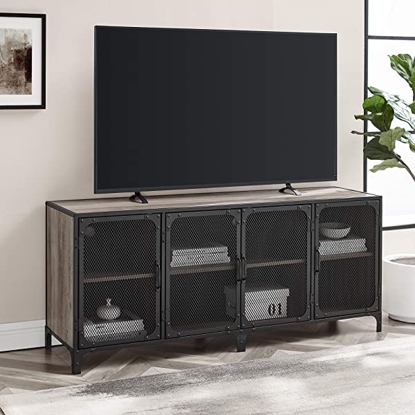 Walker Edison Malcomb Urban Industrial Metal Mesh Double Door Rolling Bar Cabinet, 33 Inch, Rustic Oak Rustic Oak 33 Inch