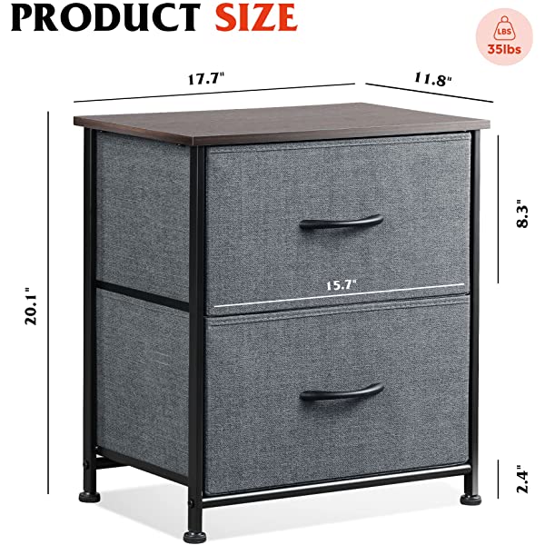 WLIVE Nightstand with 2 Fabric Drawers, Bedside Furniture & End Table Dresser for Bedroom, Living Room, Steel Frame, Wood Top, Easy Pull Handle Charcoal Gray