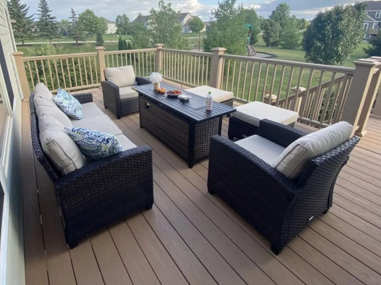 Seven Pieces Rattan Patio Furniture Set, Nine Seats Outdoor Wicker Sectional Con