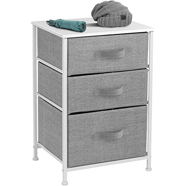 Sorbus Nightstand with 3 Drawers - Bedside Furniture & Accent End Table Chest for Home, Bedroom Accessories, Office, College Dorm, Steel Frame, Wood Top, Easy Pull Fabric Bins (Gray) Grey