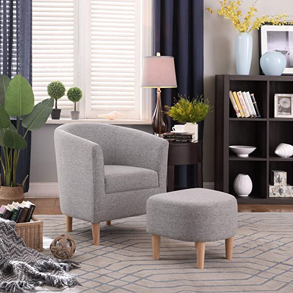 DAZONE Modern Accent Chair, Upholstered Arm Chair Linen Fabric Single Sofa Chair with Ottoman Foot Rest Mustard Yellow Comfy Armchair for Living Room Bedroom Small Spaces Apartment Office Yellow With Ottoman