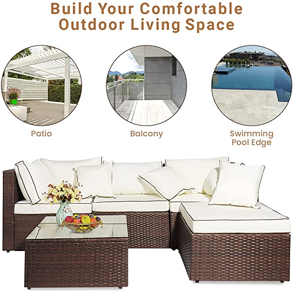 AWQM 5 Pieces Patio Furniture Sets All Weather Outdoor Sectional Sofa Manual Weaving Wicker Rattan Patio Conversation Set with Cushion and Glass Table, Brown 5 Piece Patio Furniture Sets