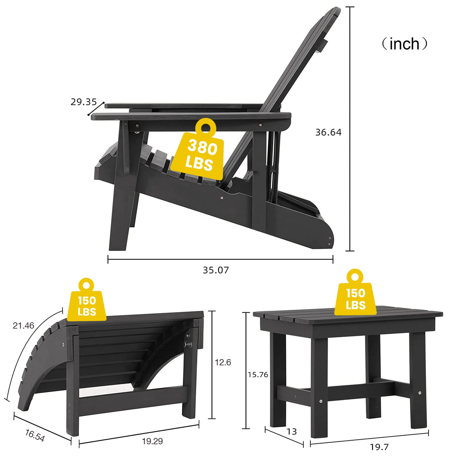 【Home&Garden】5-Piece Adirondack Chair Set, Adjustable Backrest Adirondack Chair with Ottoman & Side Table