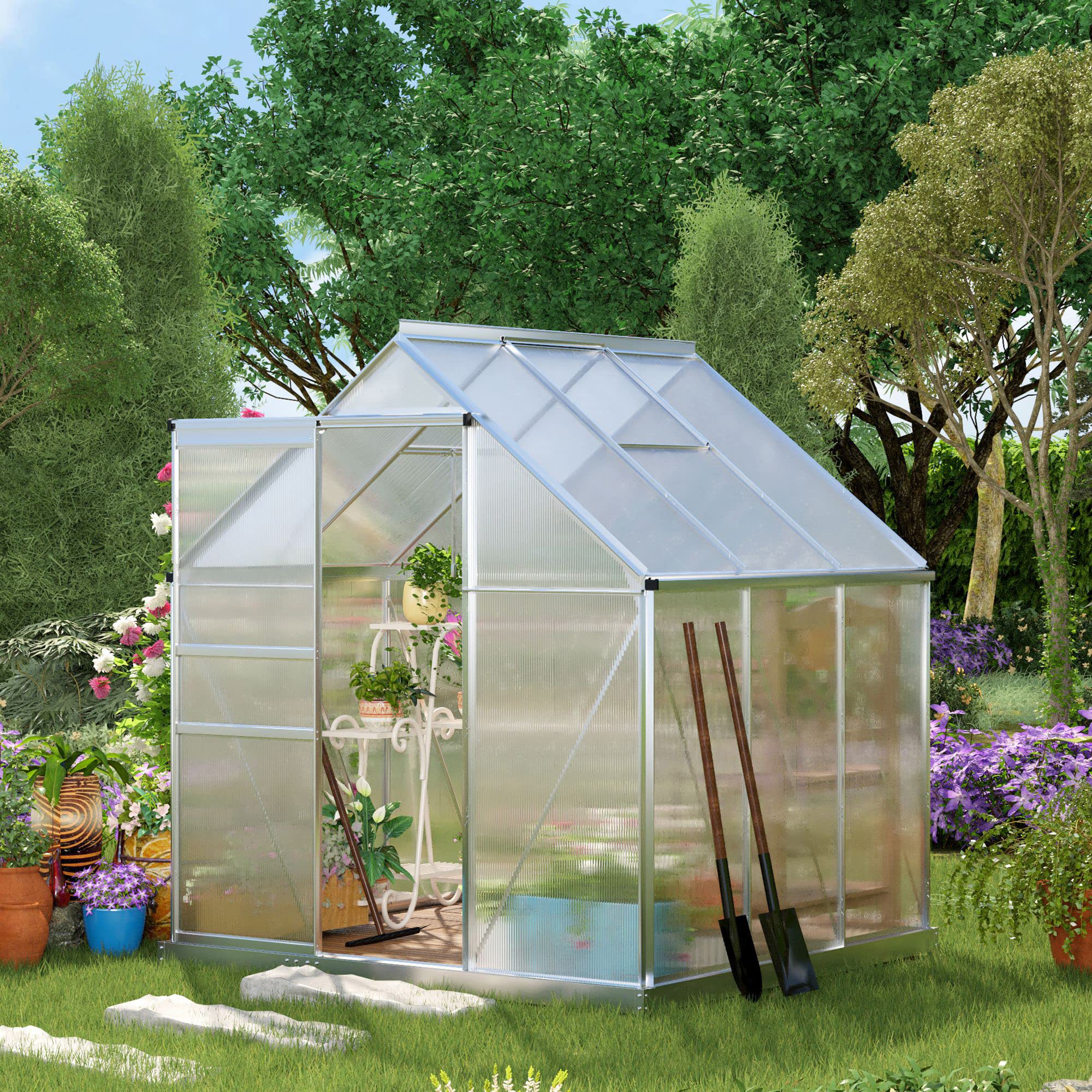 【Home & Garden】6' x 6' aluminum greenhouse polycarbonate walk-in garden greenhouse vents, sliding doors