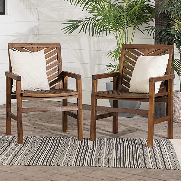 Walker Edison 5 Person Outdoor Wood Chevron Patio Furniture Dining Set Table Chairs Bench All Weather Backyard Conversation Garden Poolside Balcony, 4 Piece, Brown Brown 4 Piece Dining Set