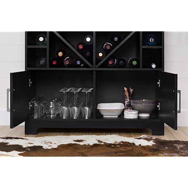 South Shore Vietti Bar Cabinet with Liquor and Wine Bottle Storage with Drawers, Black Oak with Metal Handles