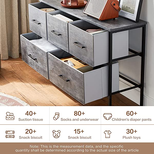 5 Drawer Dresser Long Wide Chest of Drawers Nightstand with Wood Top Rustic Storage Tower Storage Dresser Closet for Living Room, Bedroom, Hallway, Nursery, Kid Weathered Grey