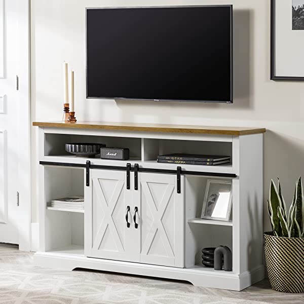 Walker Edison Richmond modern farmhouse sliding barn door TV stand for up to 52 inches, white and rustic oak white without fireplace 52 inches TV