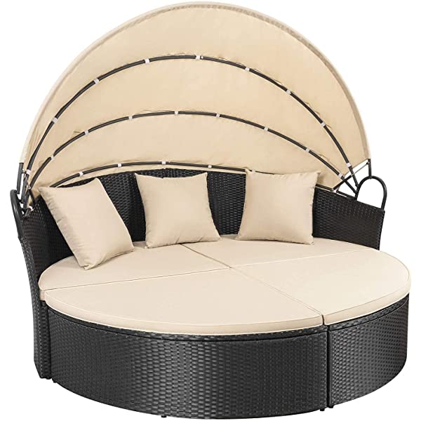 Homall Patio Furniture Outdoor Daybed with Retractable Canopy Rattan Wicker Furniture Sectional Seating with Washable Cushions for Patio Backyard Porch Pool Round Daybed Separated Seating (Beige)