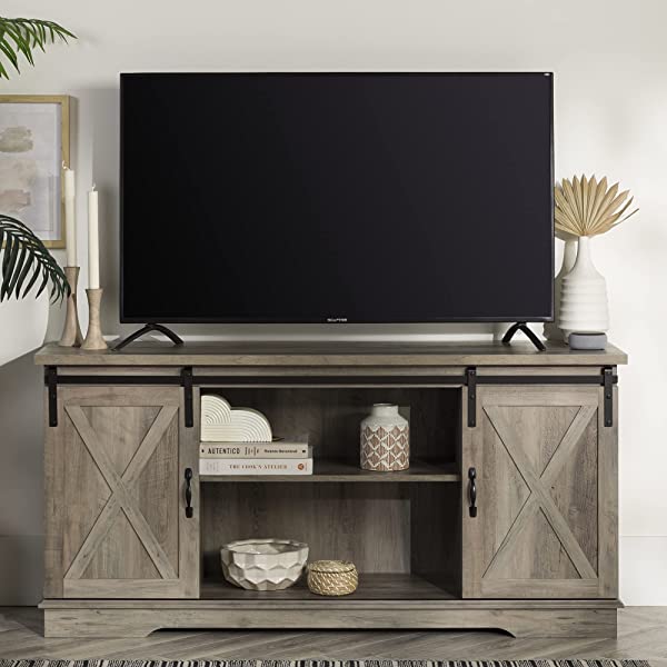 Walker Edison Richmond modern farmhouse sliding barn door TV stand for up to 52 inches, white and rustic oak white without fireplace 52 inches TV