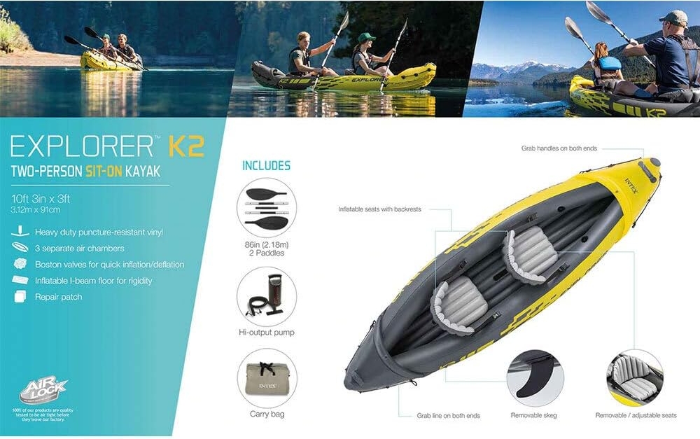 Intex Explorer K2 Kayak, 2-Person Inflatable Kayak Set with Aluminum Oars and High Output Air Pump