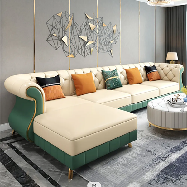 126″ Beige & Green Faux Leather Sectional Sofa with Left Chaise