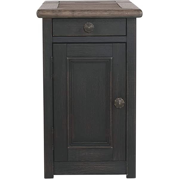 Signature Design by Ashley Tyler Creek Rustic Chair Side End Table with Pull-Out Tray & USB Ports, Brown Blackish Brown Table