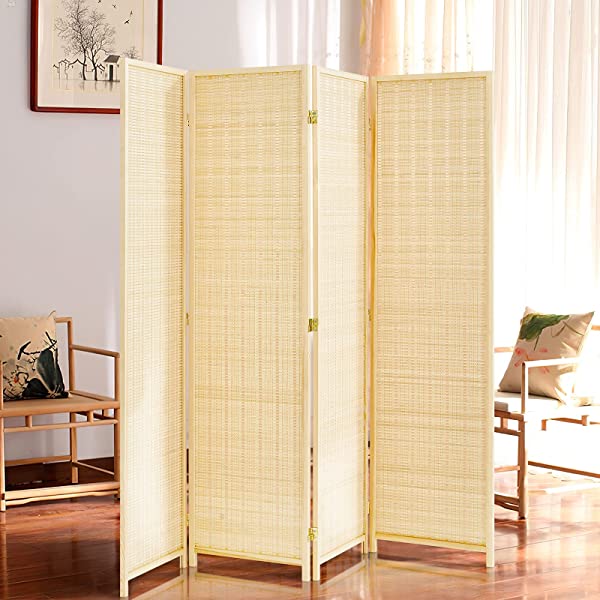 oneinmil Bamboo Room Divider, Semi-Private Folding Portable Partition Screen with Two-Way Hinge, Handmade Bamboo and Wood, 6 Panel