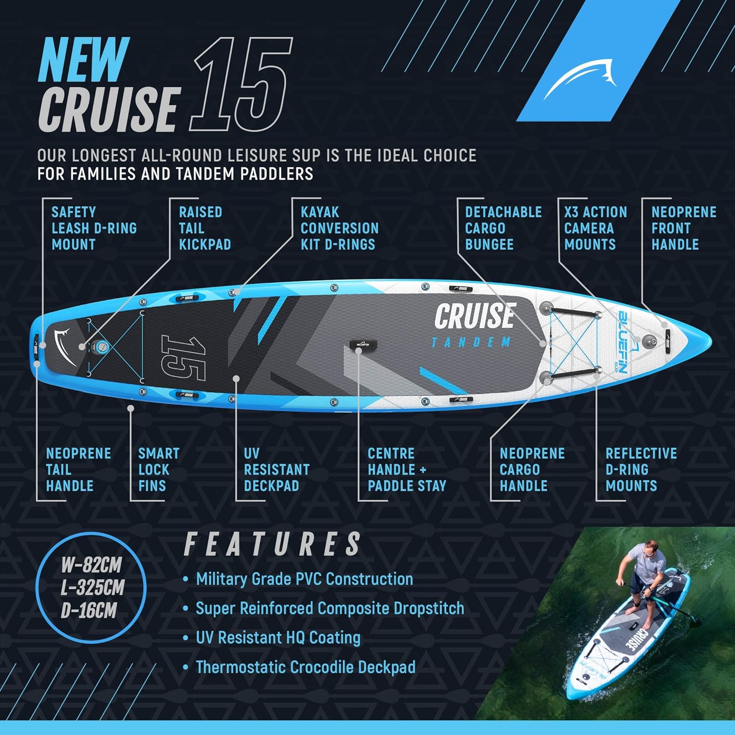 Bluefin Cruise SUP Inflatable Stand Up Paddle Board | Premium Paddleboard Accessories | Multiple sizes: Kids, 9'8, 10'4, 10’8, 12’, 15'