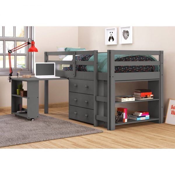 Donco Kids Low Study Loft Desk Twin Bed with Chest and Bookcase
