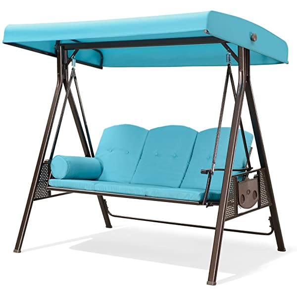PURPLE LEAF 3-Seat Deluxe Outdoor Patio Porch Swing with Weather Resistant Steel Frame, Adjustable Tilt Canopy, Cushions and Pillow Included, Beige 74.4