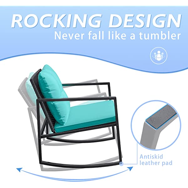 Greesum 3 Pieces Rocking Wicker Bistro Set, Patio Outdoor Furniture Conversation Sets with Porch Chairs and Glass Coffee Table, Beige