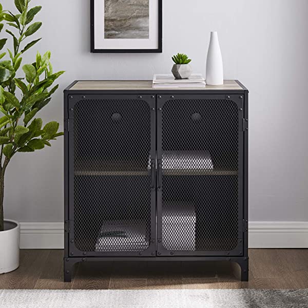 Walker Edison Malcomb Urban Industrial Metal Mesh Double Door Rolling Bar Cabinet, 33 Inch, Rustic Oak Rustic Oak 33 Inch