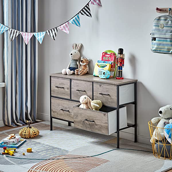 5 Drawer Dresser Long Wide Chest of Drawers Nightstand with Wood Top Rustic Storage Tower Storage Dresser Closet for Living Room, Bedroom, Hallway, Nursery, Kid Weathered Grey