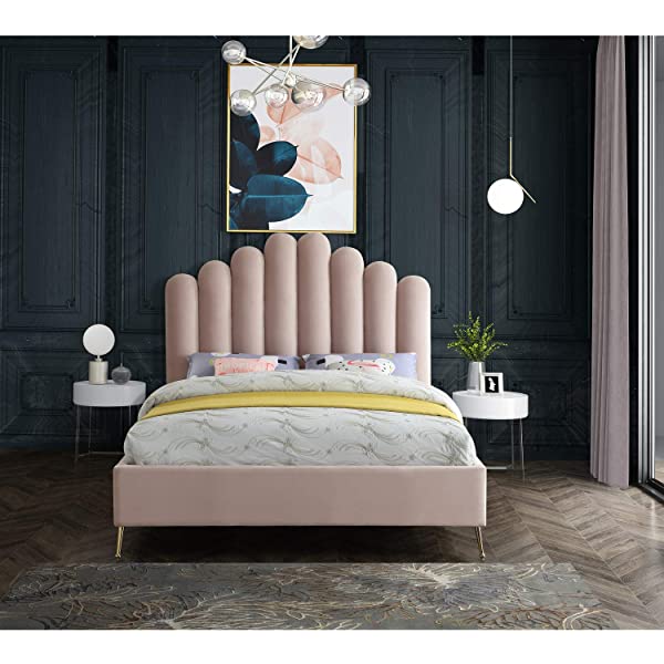 Meridian Furniture Lily Collection Modern | Contemporary Velvet Upholstered Bed with Deep Channel Tufting and Custom Gold Steel Legs, Queen, Cream Cream Queen