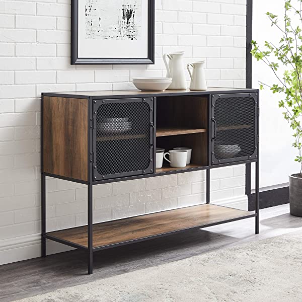 Walker Edison Malcomb Urban Industrial Metal Mesh Double Door Rolling Bar Cabinet, 33 Inch, Rustic Oak Rustic Oak 33 Inch