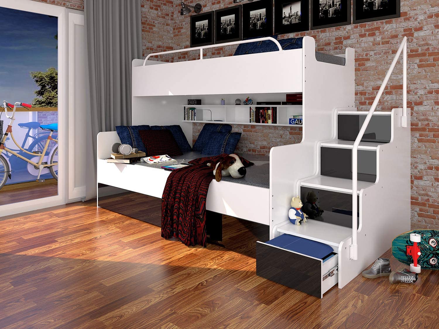 【Furniture】Bunk Bed for 2 Children Stairs Shelves Drawers Rail Modern High Gloss Inserts (White & Purple)