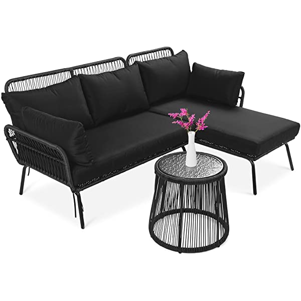 Best Choice Products Outdoor Rope Woven Sectional Patio Furniture L-Shaped Conversation Sofa Set for Backyard, Porch w/Thick Cushions, Detachable Lounger, Side Table - White