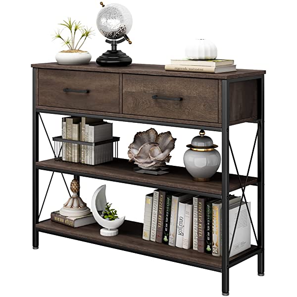 Console Table with Drawers, Rustic Hallway Table with Storage Shelves, Narrow Long Sofa Entryway Table for Living Room, Metal Frame, Dark Brown